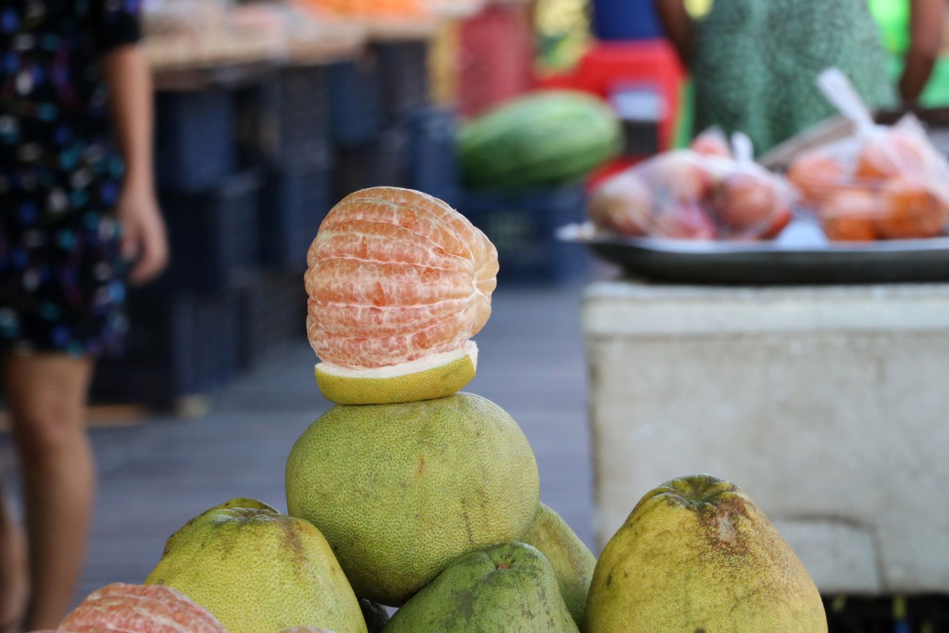 pomelo displayed at a local fruit market in Asia