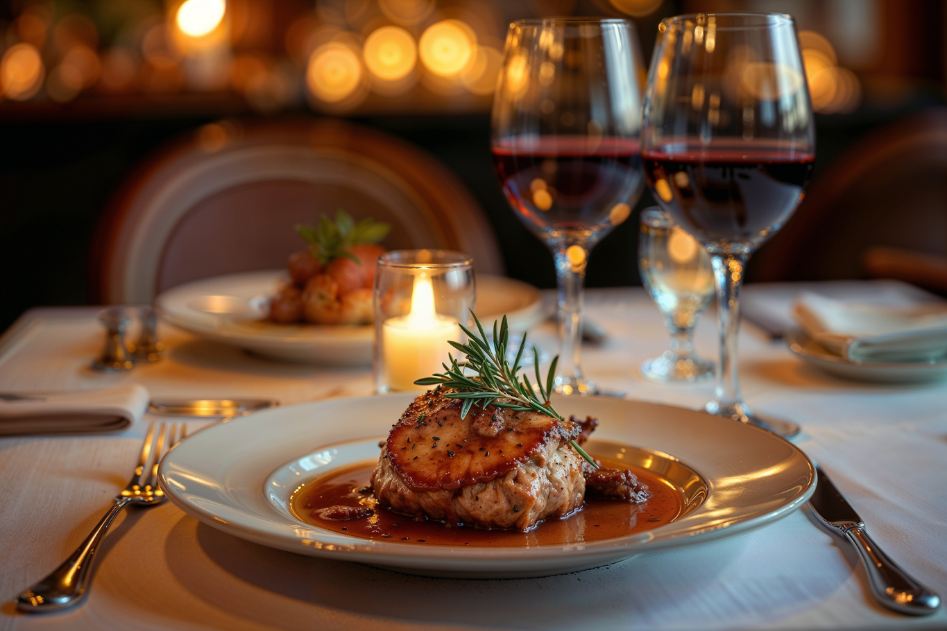 Luxurious fine dining steak dish served with red wine at an exclusive VIP gala dinner