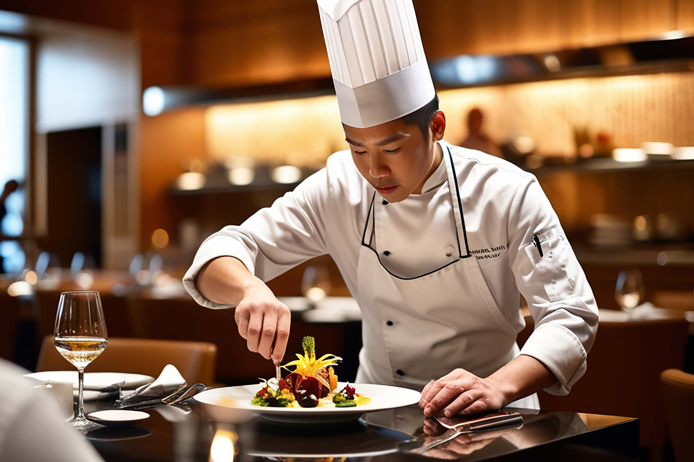 Professional chef carefully plating an exquisite fine dining dish