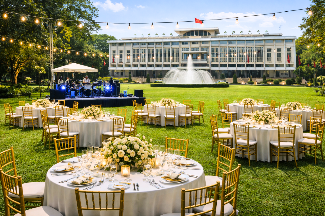 Luxurious banquet tables set up on private grounds before the illuminated Independence Palace