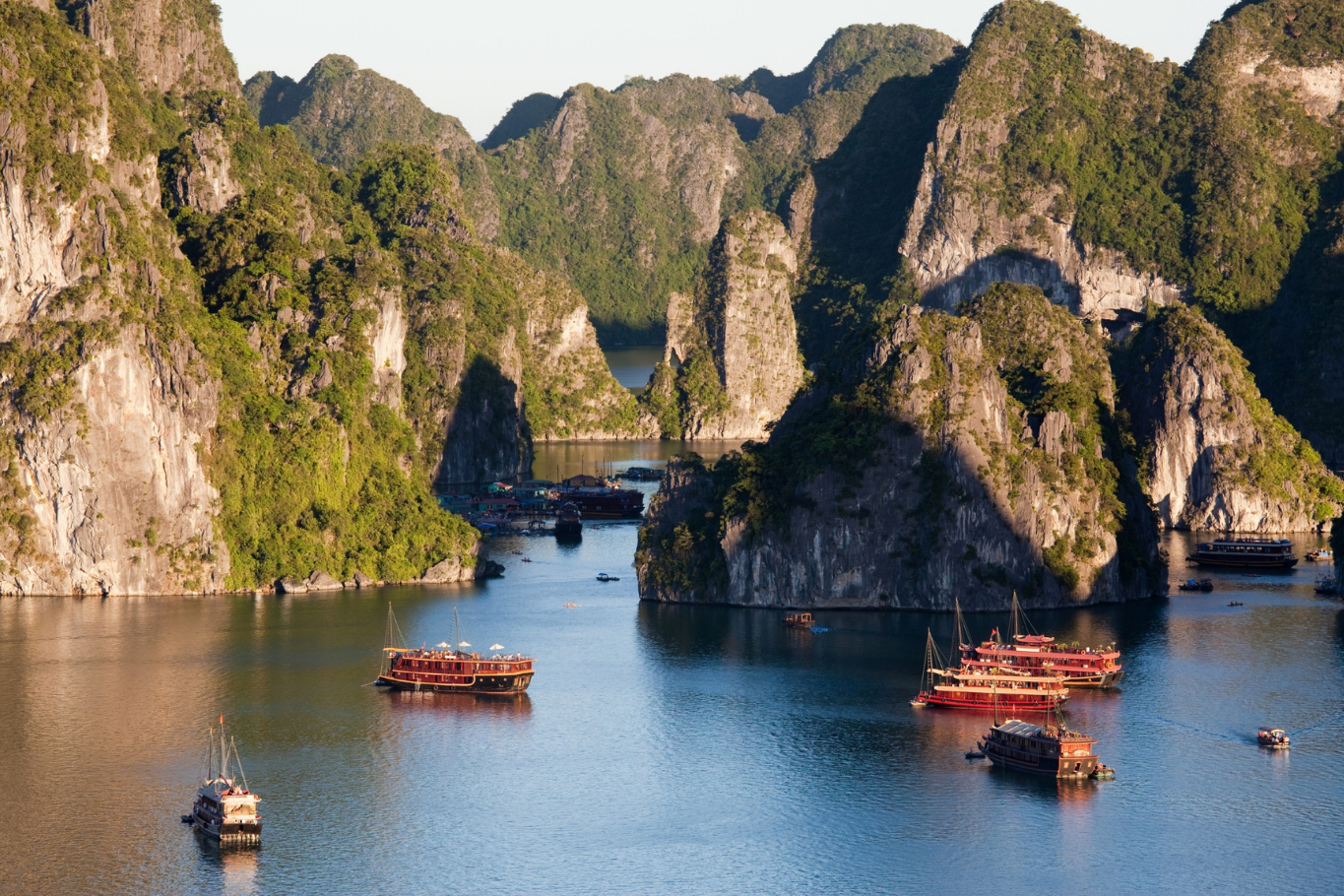 Panoramic view of traditional cruise boats sailing among towering limestone karsts in Ha Long Bay