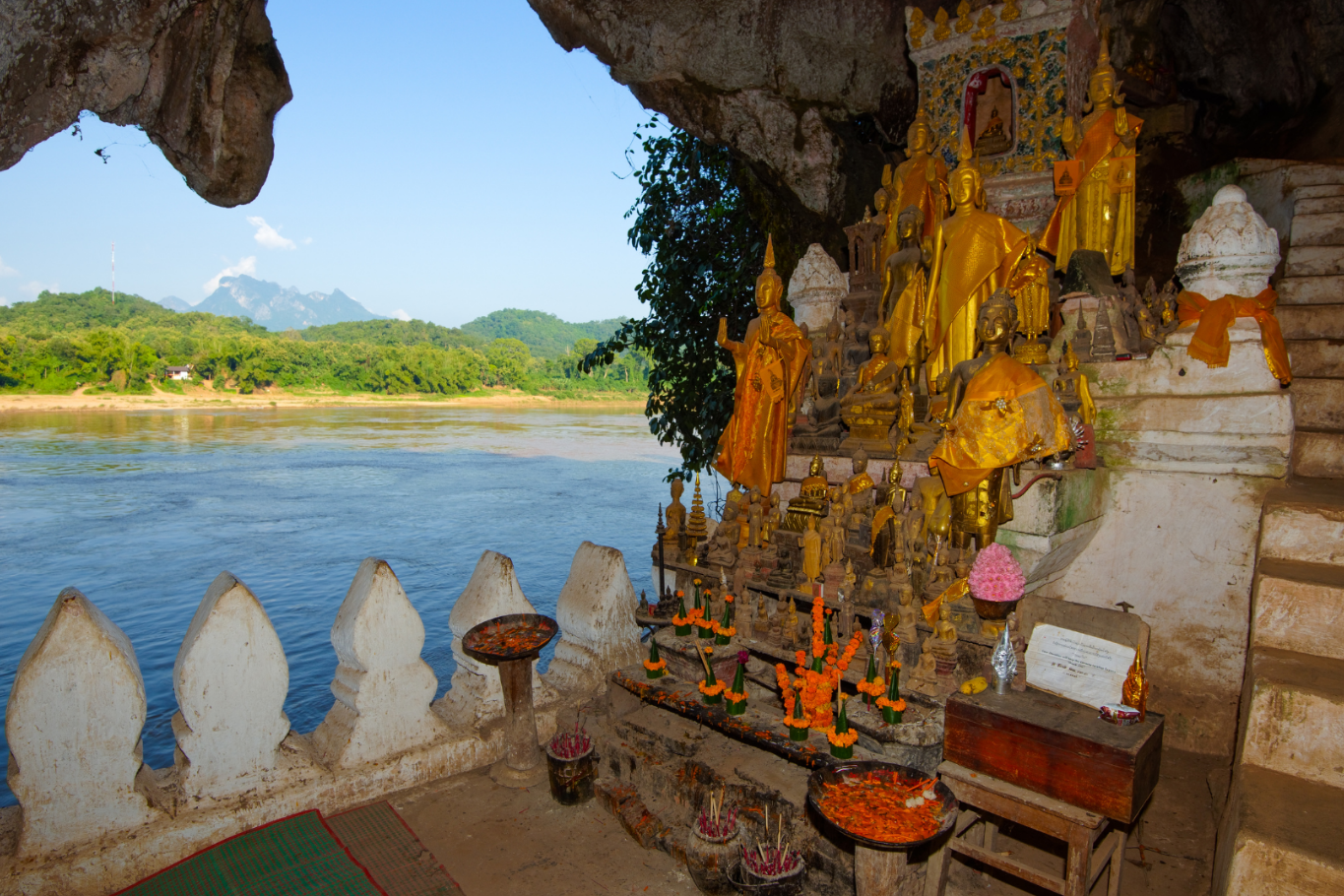 Numerous golden Buddha statues arranged on a rock shelf inside a cave overlooking the Mekong River.