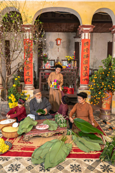 Tet home altar – flowers and offerings for good luck.