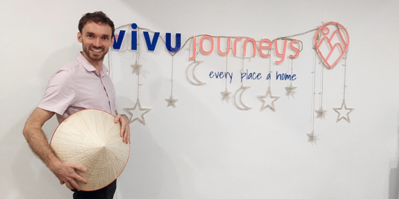 Zachary Sewell, Indochina Product Manager at Vivu Journeys, had fun posing with Vietnam’s famous conical hat.